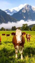 Fototapeta premium Cows in a valley with mountains