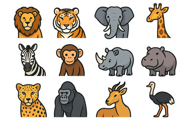 Fototapeta premium Colorful cartoon zoo animals collection including lion, tiger, elephant, and more