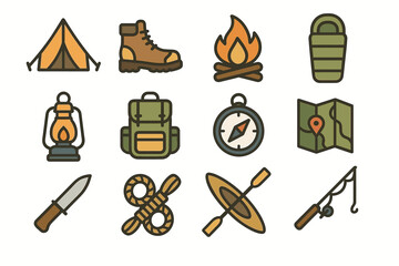 Set of camping gear icons: tent, boot, campfire, sleeping bag, and map