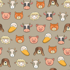 Seamless pattern with cute farm animals. Vector illustration in cartoon style.