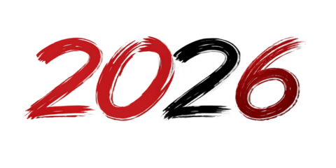 Bold red and black brush stroke numbers 2026 with a rough textured artistic style on black year isolated on a transparent background