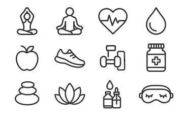 Wellness and fitness icons set featuring yoga, health, and nutrition symbols