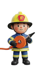 Friendly Cartoon Firefighter Character in Full Uniform Holding a Rolled Fire Hose with a Nozzle Ready for Action on a Transparent Background, Ideal