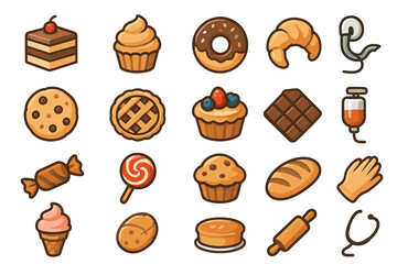 Collection of sweet and savory food icons: pastries, desserts, and baking tools