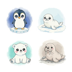 Cute baby Arctic animals watercolor collection featuring a penguin, seal, polar bear, and walrus illustrations for children's themes