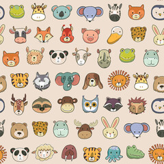Seamless pattern with cute hand drawn animals heads. Vector illustration.