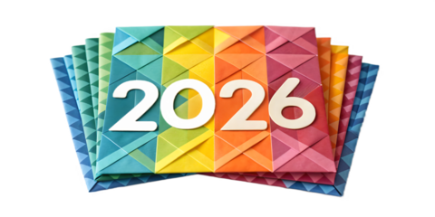 Colorful Origami Square Panels with 2026 Numbers in Metallic and White year paper isolated on a transparent background