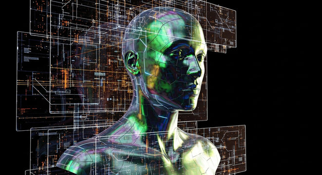 Futuristic digital human head with intricate circuitry and data streams, creating a hightech and abstract representation of artificial intelligence