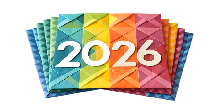 Colorful Origami Square Panels with 2026 Numbers in Metallic and White year paper isolated on a transparent background