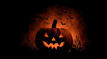 Spooky Illuminated Jack-o-lantern Pumpkin with Bats Flying in Dark Night Background
