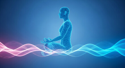 Abstract digital art of a meditating woman with flowing energy waves, symbolizing mindfulness, spirituality, and the connection between mind and body