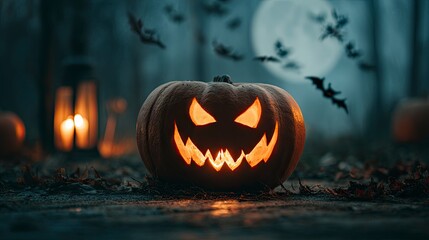 Spooky Halloween Pumpkin Carving with Illuminated Face in Dark Forest Scene