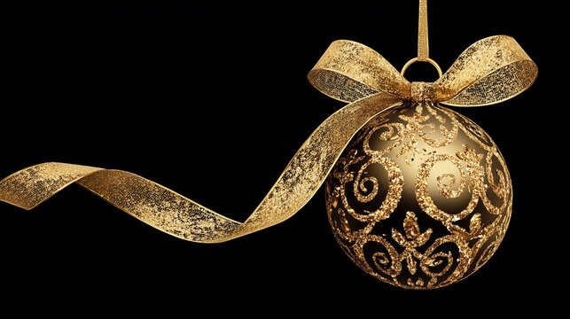 festive golden decorated christmas ornament with a ribbon on a black background, space for text or a message. Christmas business card, postcard, or poster for Christmas.