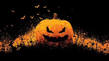 Spooky Halloween Pumpkin with Menacing Face in Dark Forest Scene