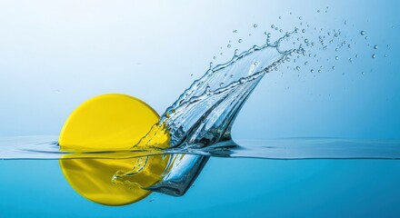 A yellow ball is splashing into water with a blue background and reflection