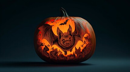 Pumpkin with Halloween Bat and Cat Carvings in Dark Background for Autumn Festival