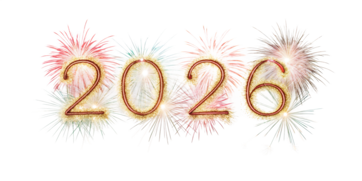 Festive 2026 numerals outlined in gold surrounded by soft pastel fireworks on black new year isolated on a transparent background