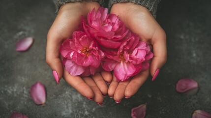 Hands Holding Pink Flower Blossoms with Petal Scattered on Dark Surface