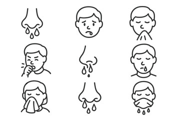 Line art illustrations of cold symptoms: sneezing, coughing, runny nose