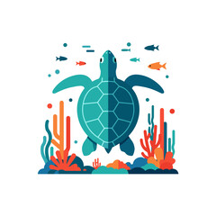 Colorful sea turtle swimming among fish and coral in ocean on a transparent background  