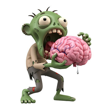 Green cartoon zombie character with decaying skin and tattered clothing holding a pink human brain with visible blood vessels and nerves in a