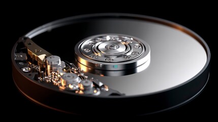 Close-up of Internal Hard Drive Disk with Metallic Components and Data Storage Elements