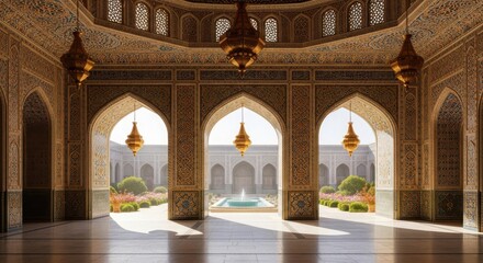 Ornate architecture with arches and hanging lanterns in a grand building