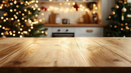Empty wooden table providing christmas product placement opportunity in a blurred kitchen with christmas tree and lights, perfect for festive installations and presentations