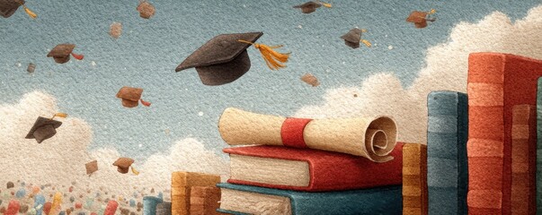 Illustration of a graduation theme with books, caps, and diplomas