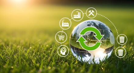 Earth with Recycling Symbol and Icons on Green Grass