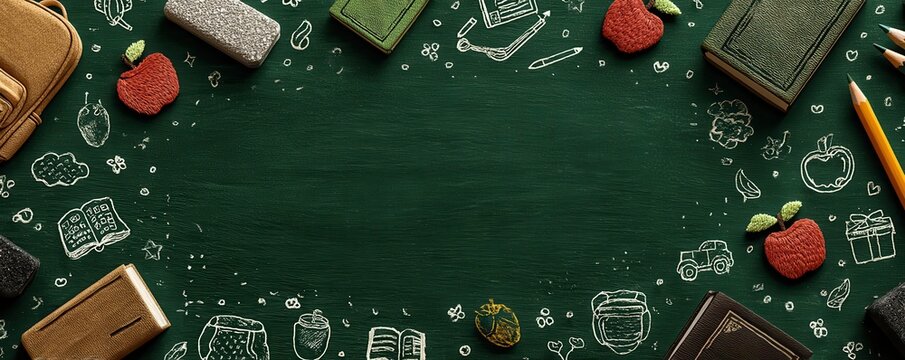 Green chalkboard background with doodles and school-themed items for education concepts
