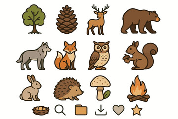 Fototapeta premium Forest animal icons: deer, bear, fox, owl, squirrel, pine, tree