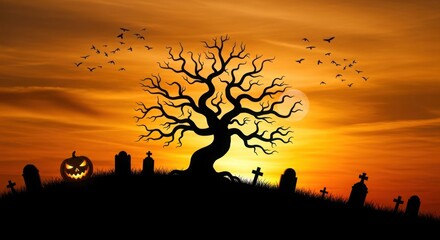 Spooky halloween night scene with a tree, pumpkin, and tombstones silhouette