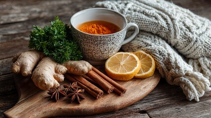 Ginger Tea with Lemon and Spices on Wooden Board in Cozy Setting