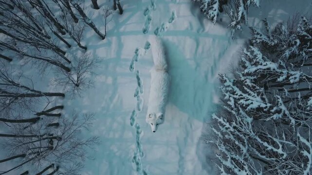 Aerial view of a white wolf walking through a snowy forest, creating a serene and mysterious atmosphere, perfect for a nature video concept.