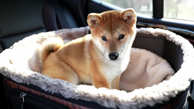 Cute Shiba Inu puppy dog in car seat, traveling, pet, adorable, looking, animal, transport.