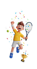 Joyful young male tennis player celebrating victory with confetti and trophy against a black background capturing the essence of athletic achievement