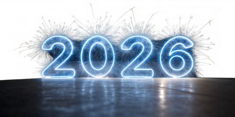 Neon blue 2026 numbers glowing on a reflective surface with sparkler fireworks new year isolated on a transparent background