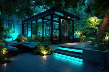 Modern house exterior at dusk with glowing lights and furniture near a fire pit on the patio creates a relaxing atmosphere