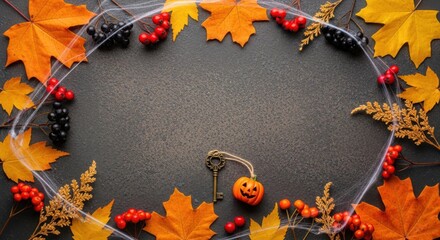 Autumnal arrangement featuring leaves, berries, and a pumpkin on dark surface
