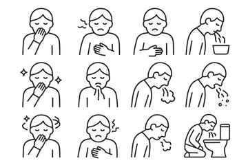 Male experiencing nausea and vomiting sequence line art illustrations