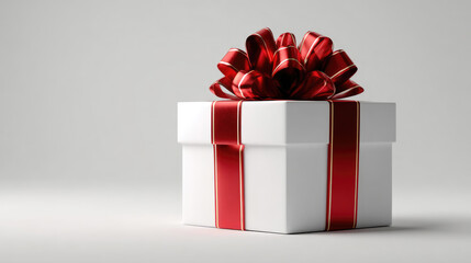White gift box adorned with a glossy red ribbon and an ornate bow, representing concepts of generosity, surprises, and thoughtful gestures for various holidays and festive events