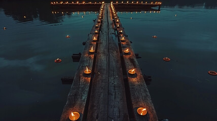 Luminous waterway: a wooden pathway illuminated by candles at night reflecting on the water