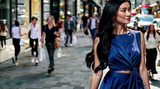 Street-level video of a stylish woman in blue, capturing urban fashion and lively city vibes.