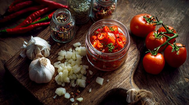 Fresh Cherry Tomatoes Garlic Onion Chilli Peppers on Wooden Cutting Board - Powered by Adobe