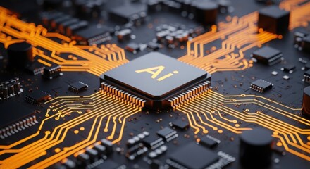 Closeup of a computer chip with the letters ai on it and orange lines