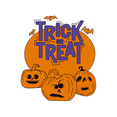 Trick or treat. Halloween badge emblem with cute carved pumpkin illustrations.
