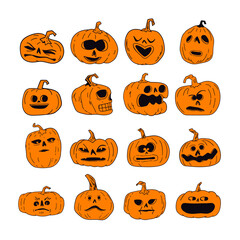 Halloween pumpkins with funny and spooky carved faces, hand drawn vector illustration