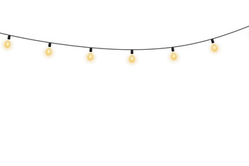 Golden Christmas garland lights shining softly, isolated on transparent background, ideal for elegant New Year posters, celebration layouts, and cozy decorative compositions.