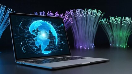 Laptop displaying global network connections and fiber optic cables - Powered by Adobe